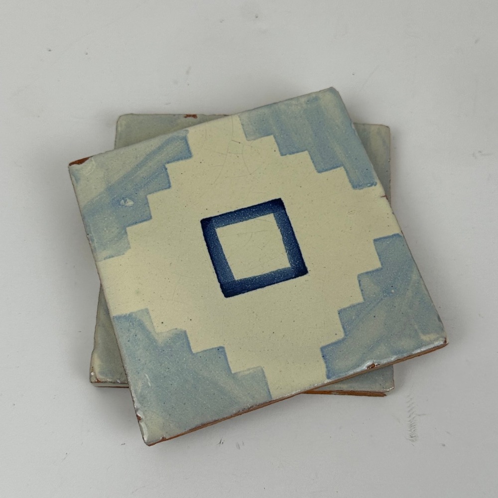 Vintage Southwestern Ceramic Tile Coasters Set of 2 Blue White Geometric Cork